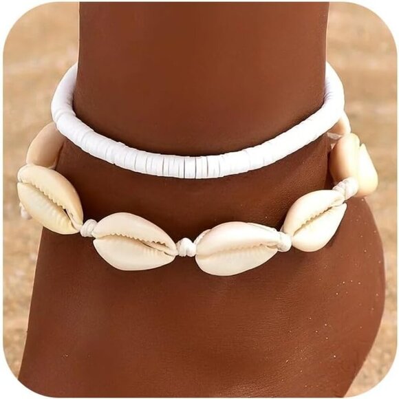 Shell Ankle Bracelet Set for Women, 14K Gold Boho Bead Adjustable Anklet, Hawaii - Picture 1 of 6
